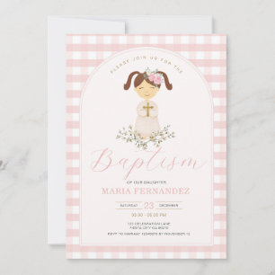 Roze Meisje Gingham Wildflowers doopsel Kaart