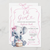 Roze Meisje Handgetekend met Bow Elephant Baby sho Kaart (Voorkant / Achterkant)