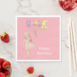 Roze Meisje Hart Sterren Maan Ballonnen Verjaardag Servet