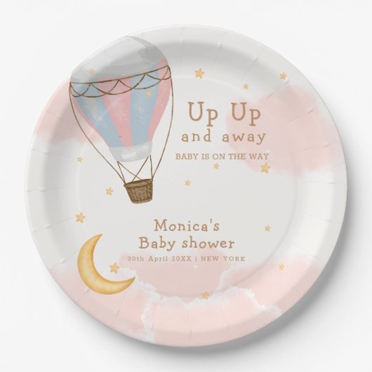 Roze Meisje Hete Luchtballon Moon Star Baby shower Papieren Bordje (Voorkant)