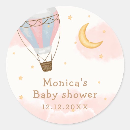 Roze Meisje Hete Luchtballon Moon Star Baby shower Ronde Sticker (Voorkant)