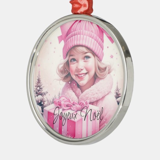 Roze Meisje Kerstmis Joyeux Noël Metalen Ornament (Links)