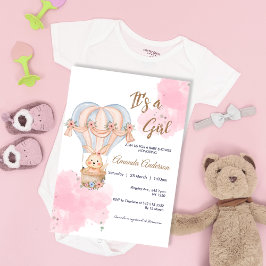 Roze Meisje Konijnenballon Baby shower Invitation Kaart