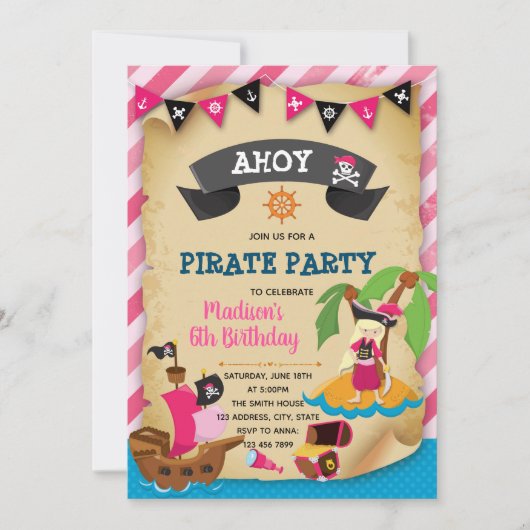 Roze meisje piraten thema uitnodiging (Voorkant)