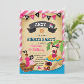 Roze meisje piraten thema uitnodiging (Staand voorkant)
