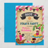 Roze meisje piraten thema uitnodiging (Voorkant / Achterkant)