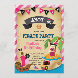 Roze meisje piraten thema uitnodiging