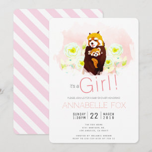 Roze Meisje 'Rode Panda' Baby shower Uitnodiging K