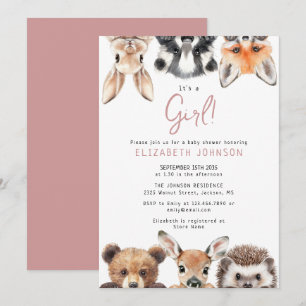 Roze Meisje Schattig Bos Dieren Baby Shower Kaart