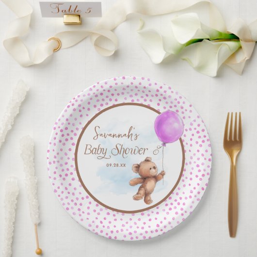 Roze Meisje Teddy Bear Baby shower Papier Bord (Huwelijk)