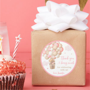 Roze Meisje Teddy Bear Hete Luchtballon Baby showe Ronde Sticker