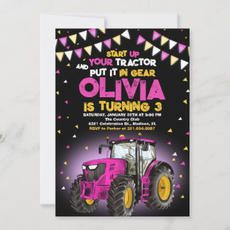 Roze Meisje Tractor 3e Verjaardagsfeestje Kaart