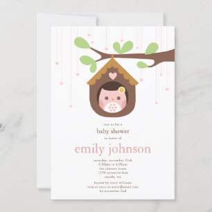 Roze Meisje Uil in Vogelhuisje Baby Shower Uitnodi Kaart