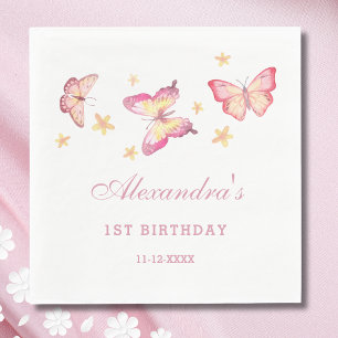 Roze Meisje Vlinder 1e Verjaardagsfeest Servet