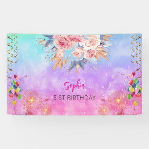 Roze Meisje Welkom Bloemen waterverf Verjaardagsfe Spandoek