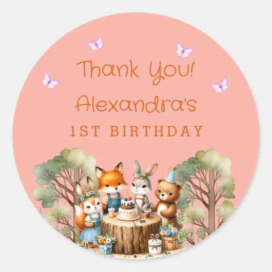 Roze Meisje Woodland Dieren 1e Verjaardag Bedankt Ronde Sticker (Voorkant)