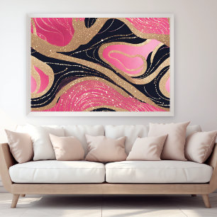 Roze Meisje Zwart Goud Glitter Modern Art Poster