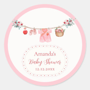 Roze Meisjes Bloem Appel Waslijn Baby Shower  Ronde Sticker