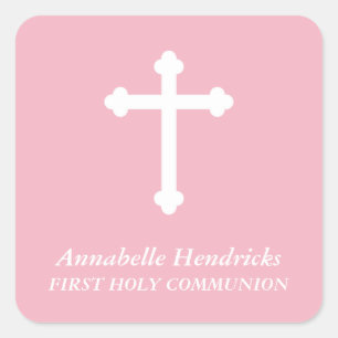 Roze Meisjes Doop/Communie Favor Vierkante Sticker