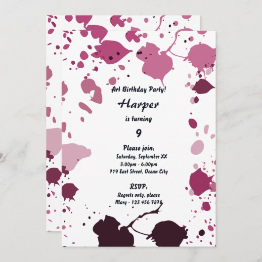 Roze meisjes kunst thema 9e verjaardagsfeest uitno kaart (Voorkant / Achterkant)