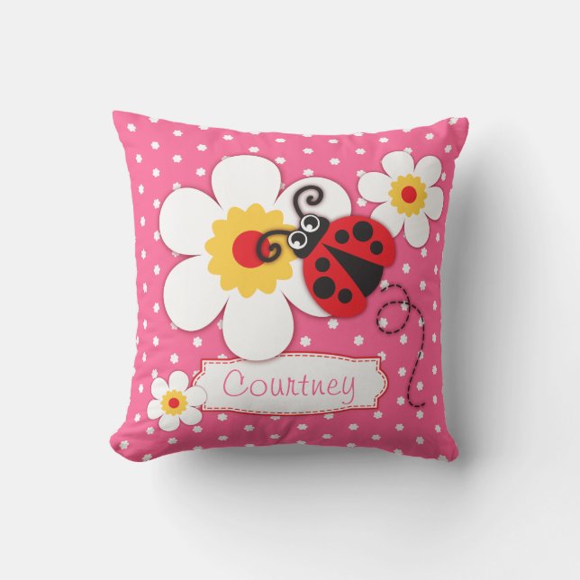 Roze meisjes ladybug name flower polka stip kussen (Voorkant)