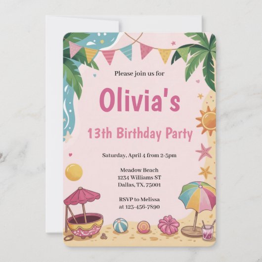 Roze Meisjes Strandfeest Kinderen Verjaardagsfeest Kaart (Voorkant)