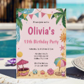 Roze Meisjes Strandfeest Kinderen Verjaardagsfeest Kaart