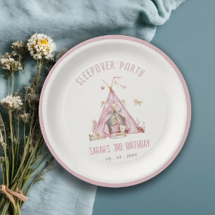 Roze Meisjes Tent Sleepover Slumber Verjaardagsfee Papieren Bordje