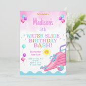 Roze Meisjes Waterslide Verjaardags Bash Uitnodigi Kaart (Staand voorkant)
