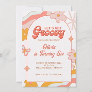 Roze Meisjesachtige Groovy 6de Verjaardagsfeest Ui Kaart