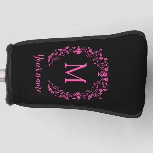 Roze meisjesmonogram op zwart golfheadcover (Voorkant)