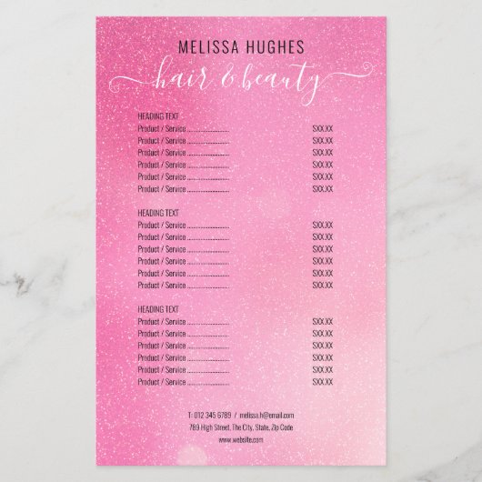 Roze menu Glitter Shimmer Salon Service (Voorkant)