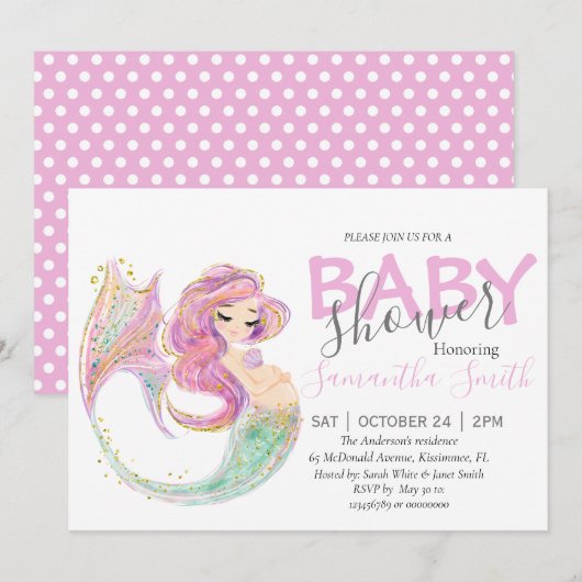 Roze MERMAID BABY SHOWER onder het zee Aankondiging (Voorkant / Achterkant)