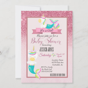 Roze Mermaid Unicorn Sparkle Baby shower nodigt ui Kaart