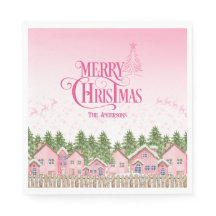 Roze Merry Christmas Village Party Papieren servet