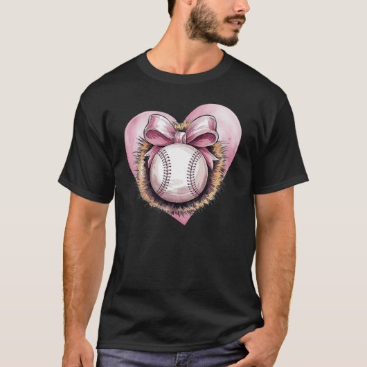 Roze met boog en hart – Schattigee softbal estheti T-shirt (Voorkant)