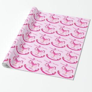 Roze, met de naam rocking horse 3rd verjaardagspat cadeaupapier