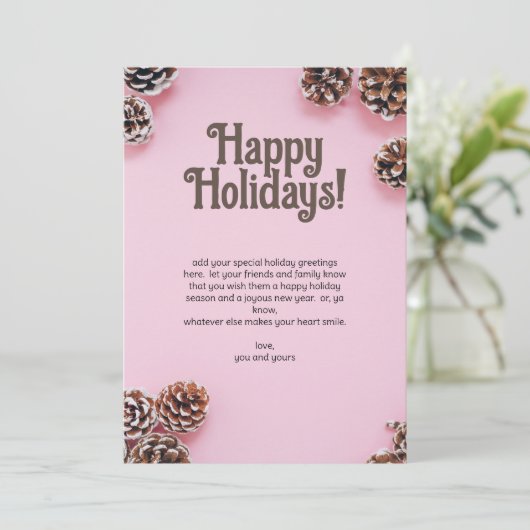 Roze met dennenappels feestdagenkaart (Staand voorkant)