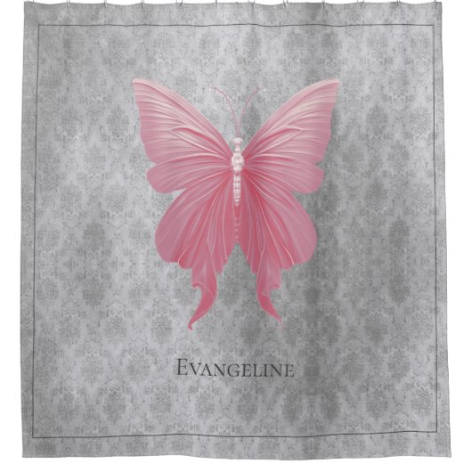 Roze met juwelen versierde vlinder douchegordijn (Voorkant)