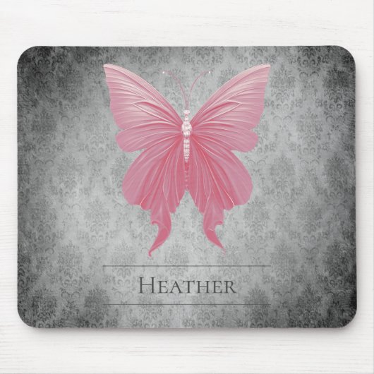 Roze met juwelen versierde vlinderdamast muismat (Voorkant)