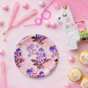 roze met Paarse Floral Print Papieren Bordje