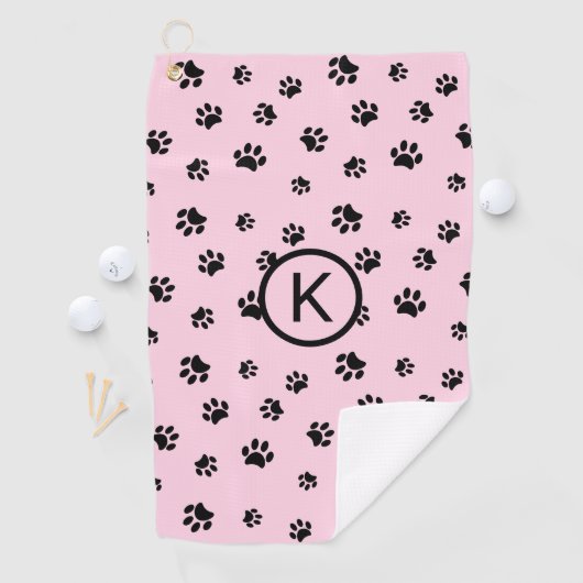 Roze met Zwarte Paw Prints Monogram Golfhanddoek (Insitu)