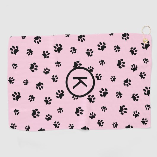 Roze met Zwarte Paw Prints Monogram Golfhanddoek (Horizontaal)