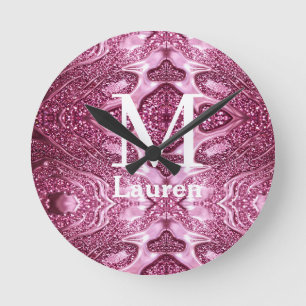roze metalen abstract glanzend monogram naam meisj ronde klok