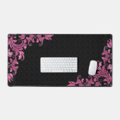 Roze Metalen Kant Zwart Damast Bureaumat (Keyboard & Muis)