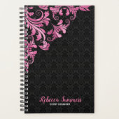Roze Metallic Kant Zwart Damask Planner (Voorkant)