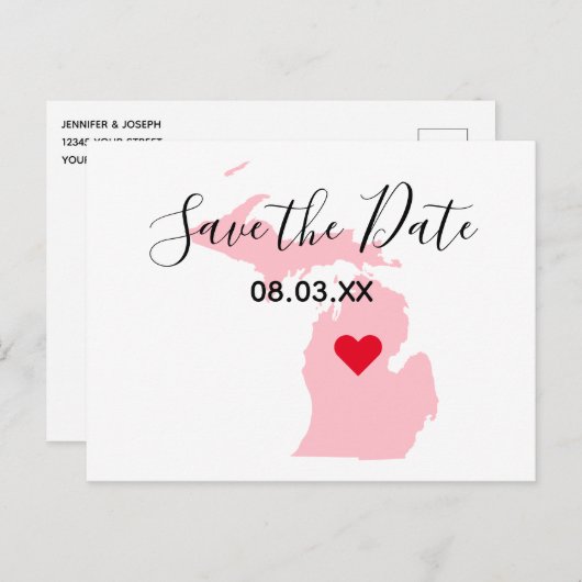 Roze Michigan Red Heart sla de datum op Aankondigingskaart (Voorkant / Achterkant)