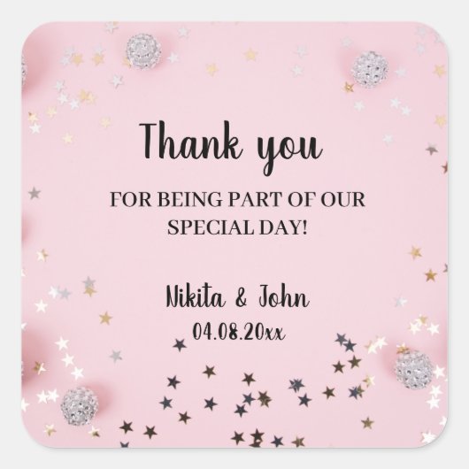Roze, minimaal kalligrafie bruiloft bedankt vierkante sticker (Voorkant)