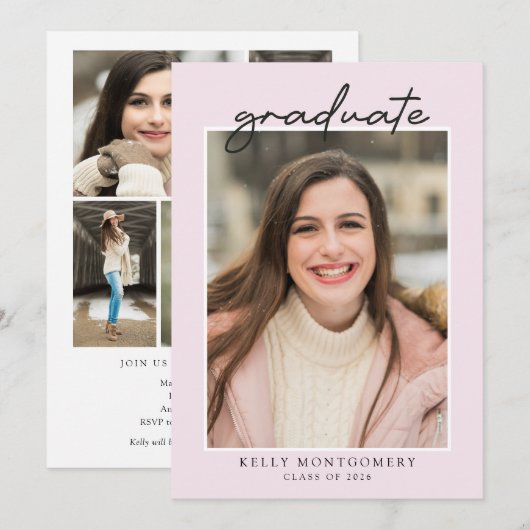 Roze Minimalistische Diploma Uitnodiging (Voorkant / Achterkant)