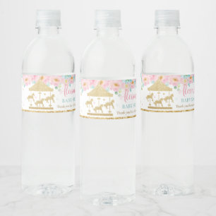 Roze Mint Bloemen Carrousel Carnaval Baby shower Waterfles Etiket
